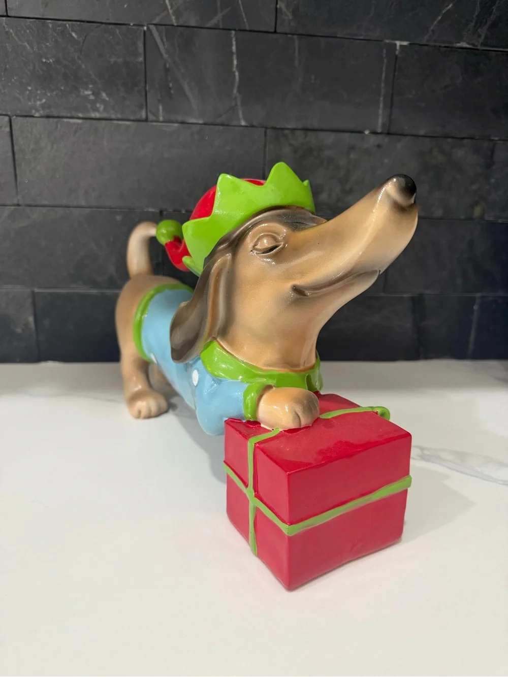 Festive Dachshund Dog Figurine Christmas Decor - Blue & Red